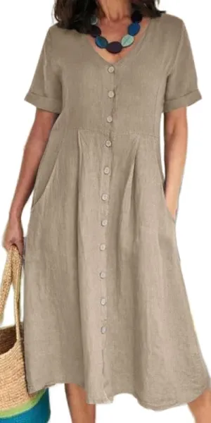 Geleglaer Women Casual V Neck Button Down Dress Cotton Linen Short Sleeve Knee Midi Length Loose Summer Dress Plus Size S-5XL