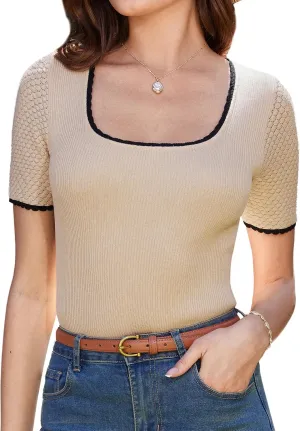 GRACE KARIN Womens Summer Sweater Tops Short Sleeve 2025 Square Neck Color Block Slim Fit Ribbed Knit Basic Tee Tops