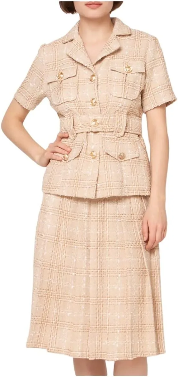 Gracia Womens Tweed Pleated Midi Skirt Beige S