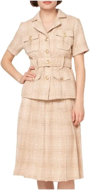 Gracia Womens Tweed Pleated Midi Skirt Beige S