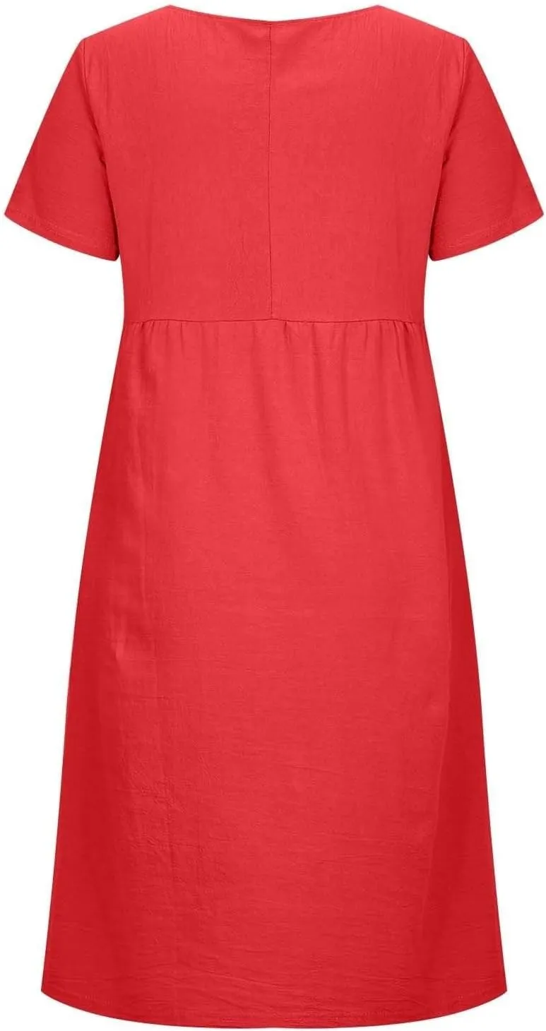 Hawaiian Dresses for Women Summer Casual Trendy Short Sleeve Crew Neck Solid Color Vacation Linen Dress, M-4XL