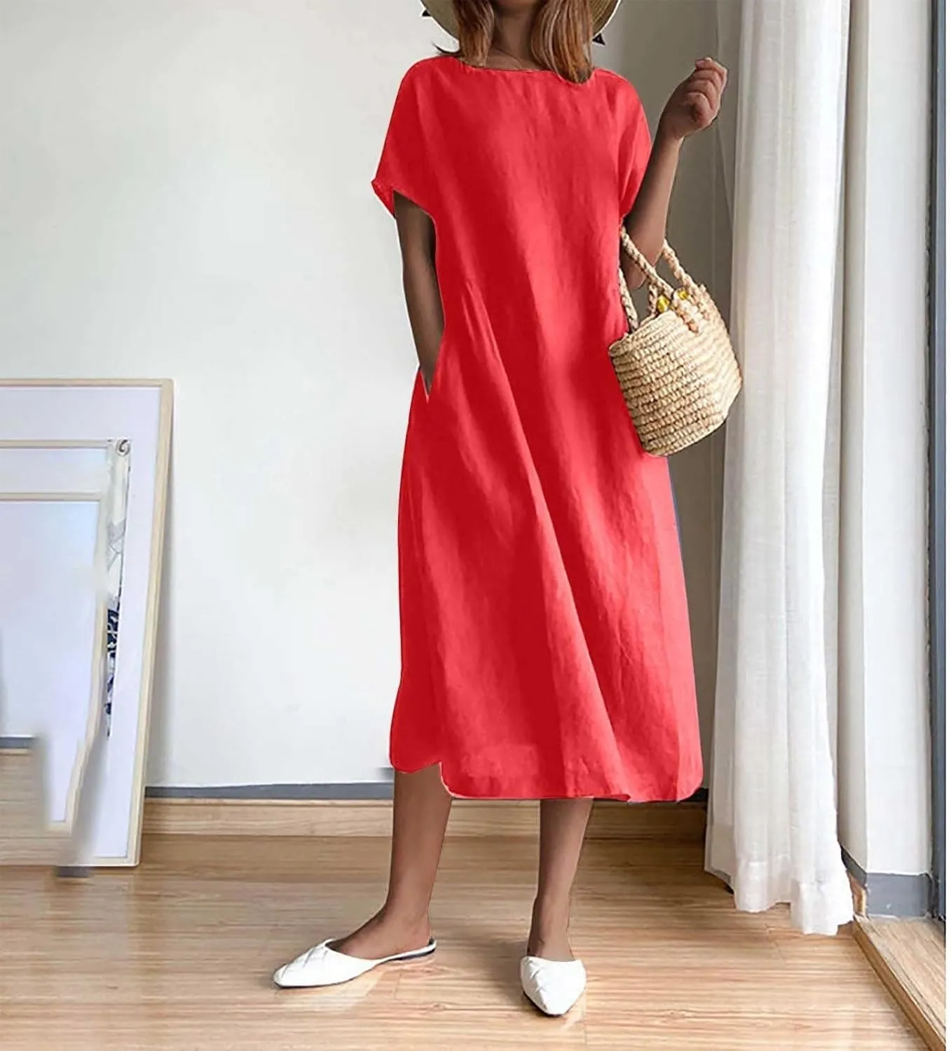 Hawaiian Dresses for Women Summer Casual Trendy Short Sleeve Crew Neck Solid Color Vacation Linen Dress, M-4XL