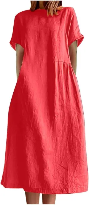 Hawaiian Dresses for Women Summer Casual Trendy Short Sleeve Crew Neck Solid Color Vacation Linen Dress, M-4XL