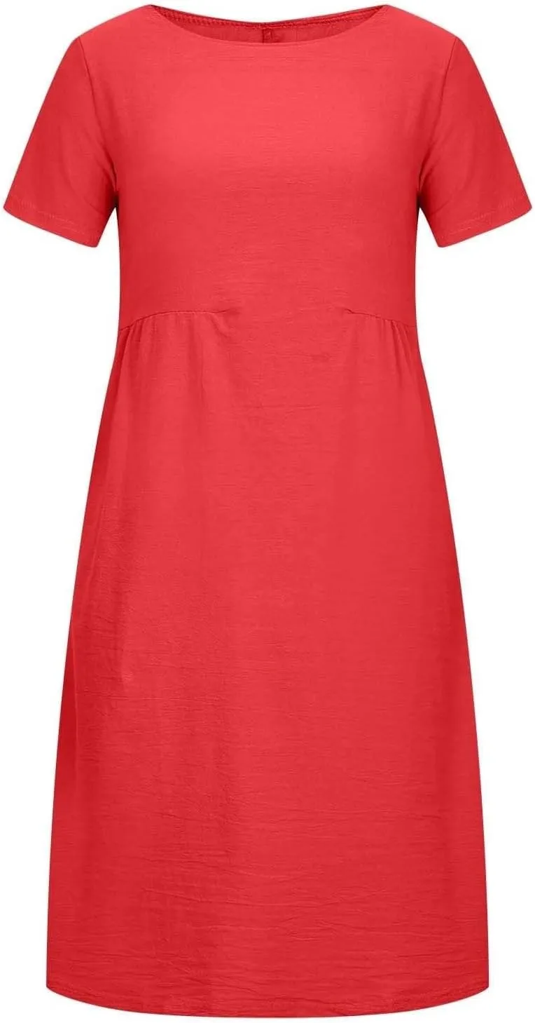 Hawaiian Dresses for Women Summer Casual Trendy Short Sleeve Crew Neck Solid Color Vacation Linen Dress, M-4XL