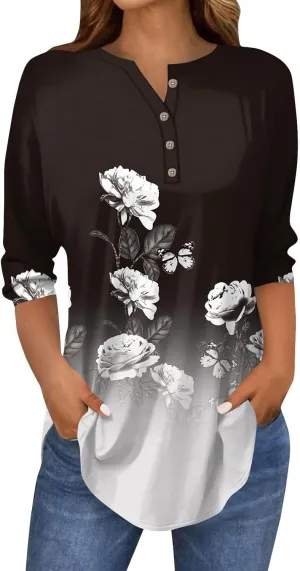 Henley Summer Shirts 3/4 Length Sleeve Womens Tops Vintage Print Casual Trendy Loose Fit 2025 Tunic Blouses