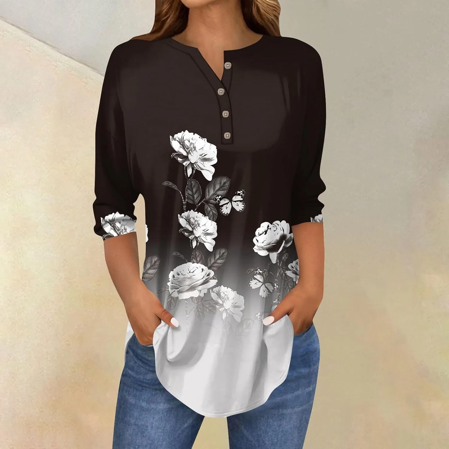 Henley Summer Shirts 3/4 Length Sleeve Womens Tops Vintage Print Casual Trendy Loose Fit 2025 Tunic Blouses