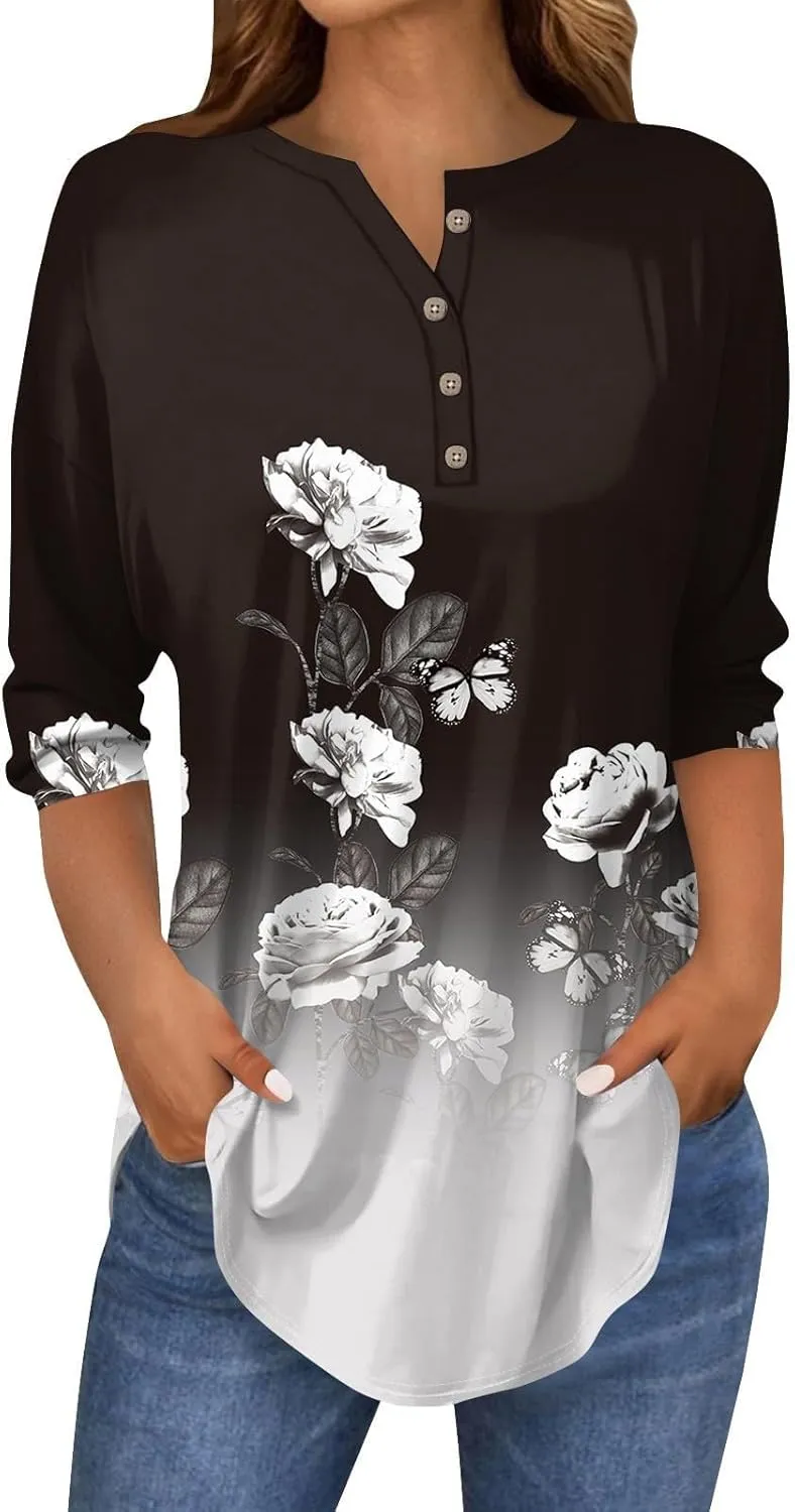 Henley Summer Shirts 3/4 Length Sleeve Womens Tops Vintage Print Casual Trendy Loose Fit 2025 Tunic Blouses