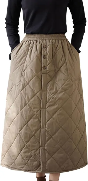 HGps8w Women's Winter Quilted Skirt, Loose Elastic Waist Casual Insulated Thicken Warm Maxi Long Down Skirts with Pockets