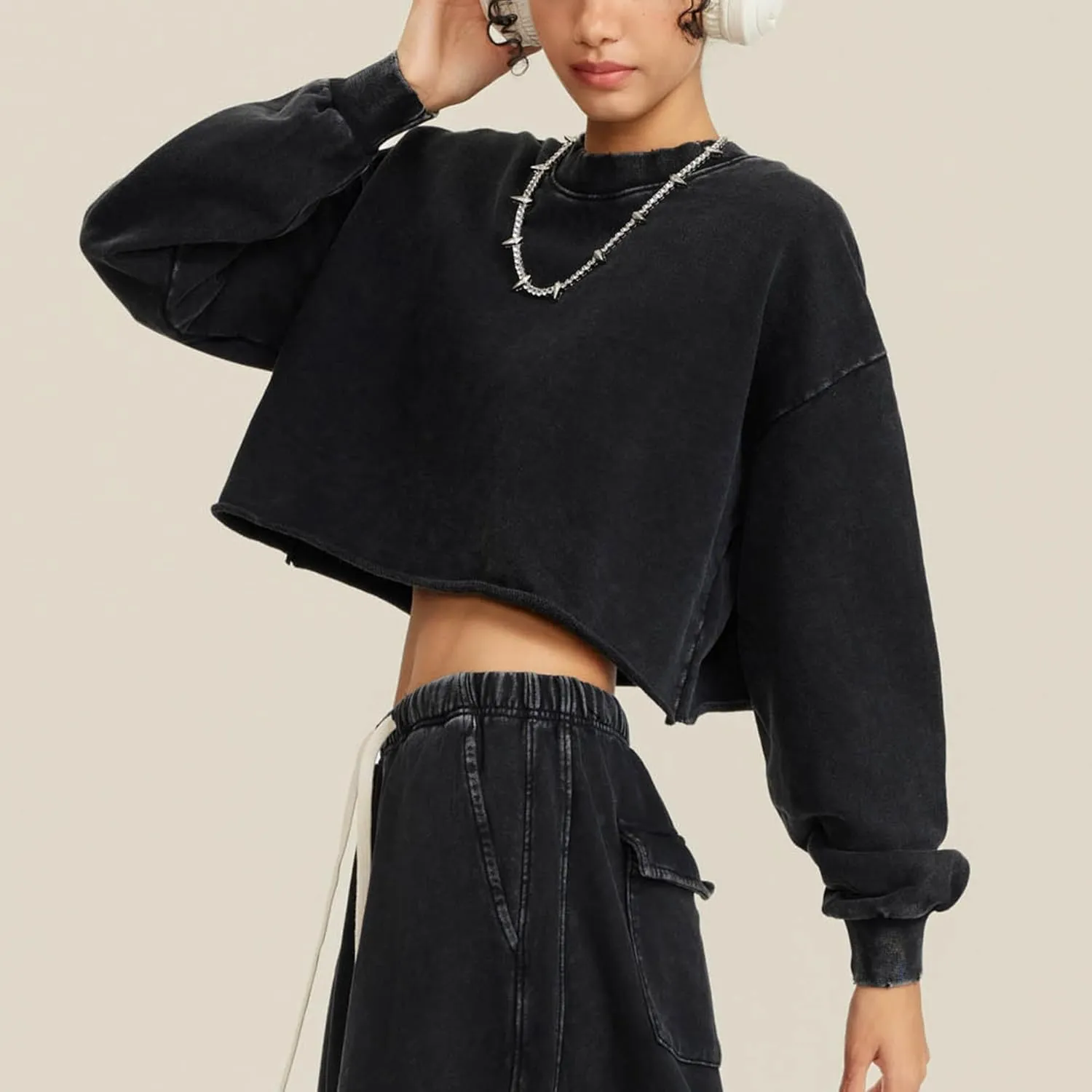 Hixiaohe Womens Cropped Sweatshirts Vintage Long Sleeve Pullover Tops Acid Wash Sweatshirt Hoodies for Women Workout Crop Top