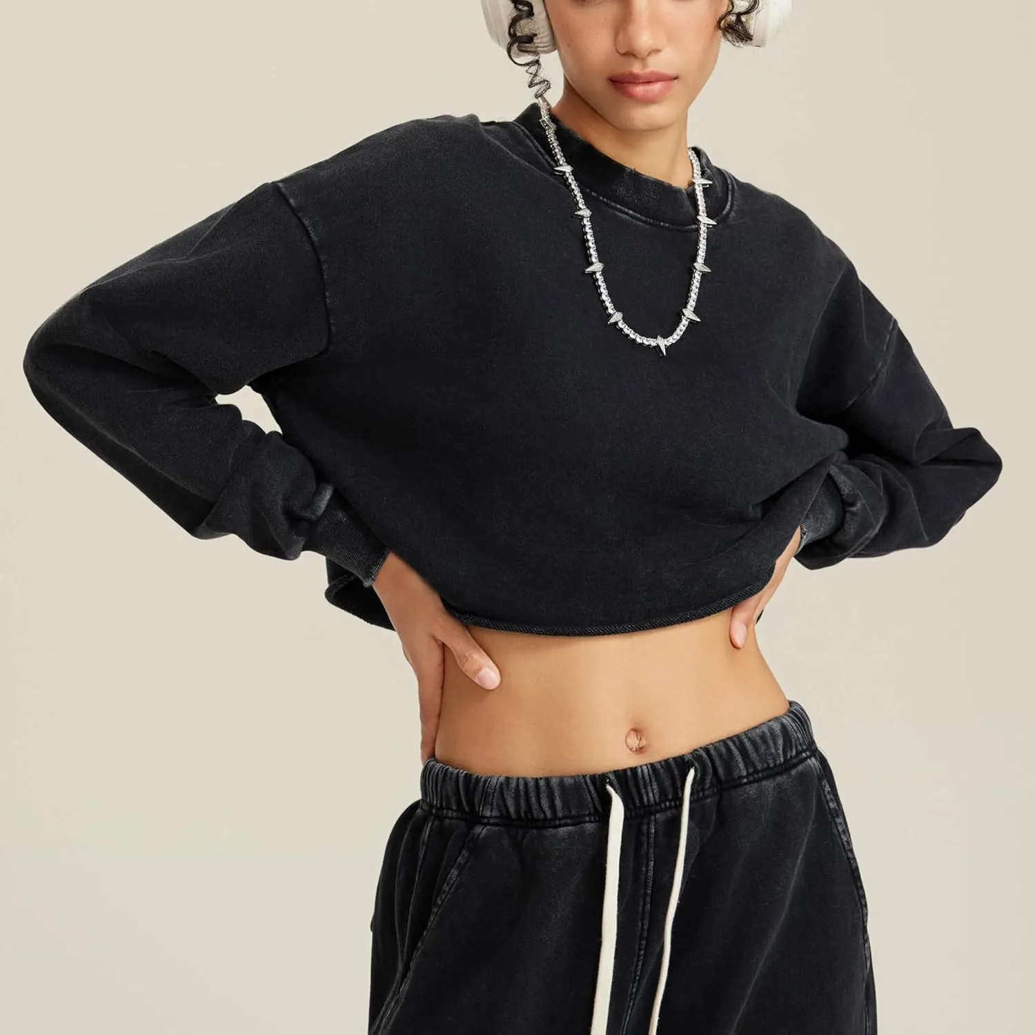 Hixiaohe Womens Cropped Sweatshirts Vintage Long Sleeve Pullover Tops Acid Wash Sweatshirt Hoodies for Women Workout Crop Top