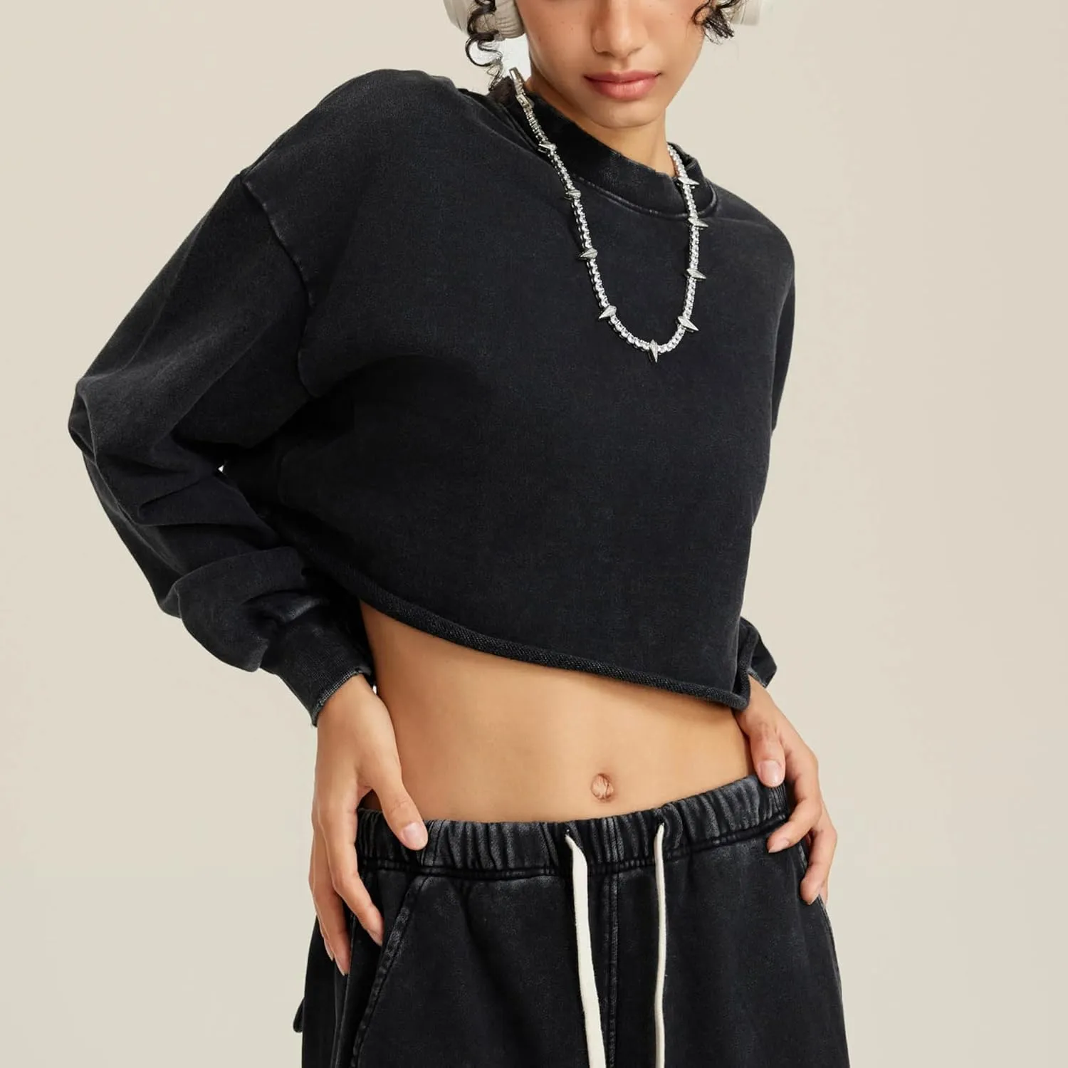 Hixiaohe Womens Cropped Sweatshirts Vintage Long Sleeve Pullover Tops Acid Wash Sweatshirt Hoodies for Women Workout Crop Top