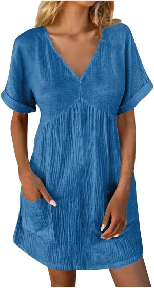 hlysgo Womens Summer Dresses 2024 Casual Loose Fit Short Sleeve V Neck Mini Dress Trendy Vacation Tshirt Dress with Pockets