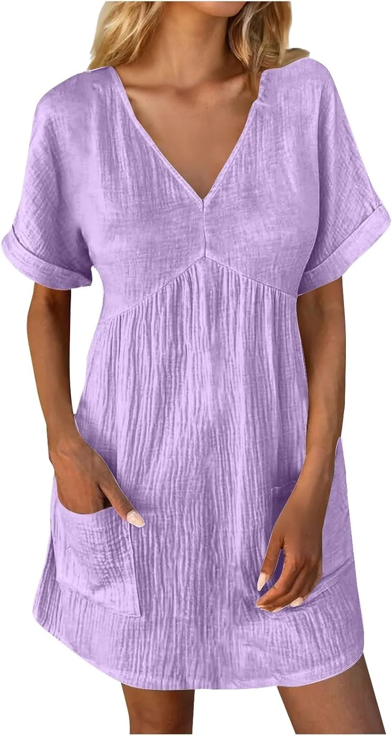 hlysgo Womens Summer Dresses 2024 Casual Loose Fit Short Sleeve V Neck Mini Dress Trendy Vacation Tshirt Dress with Pockets