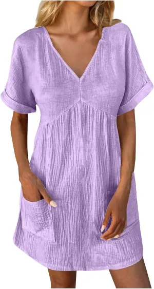 hlysgo Womens Summer Dresses 2024 Casual Loose Fit Short Sleeve V Neck Mini Dress Trendy Vacation Tshirt Dress with Pockets