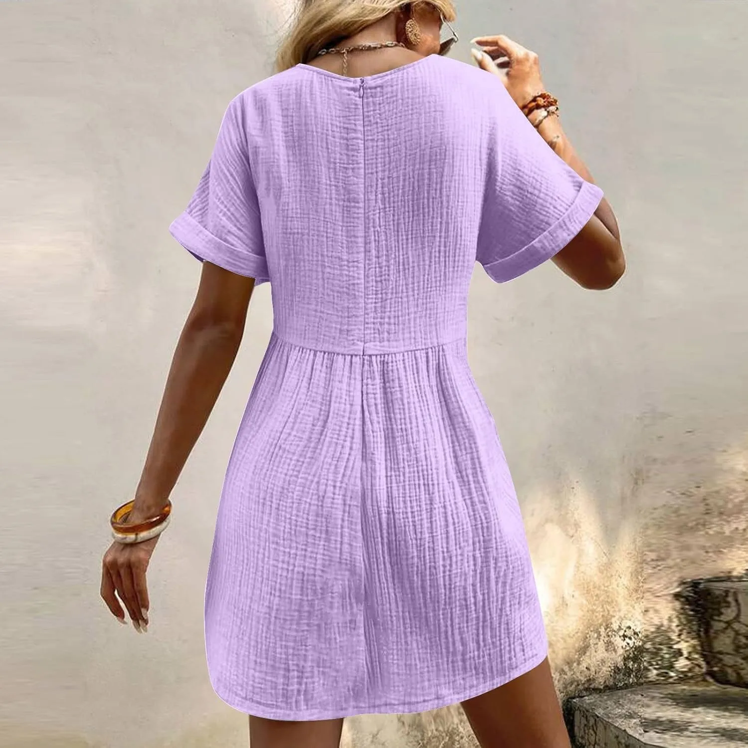 hlysgo Womens Summer Dresses 2024 Casual Loose Fit Short Sleeve V Neck Mini Dress Trendy Vacation Tshirt Dress with Pockets