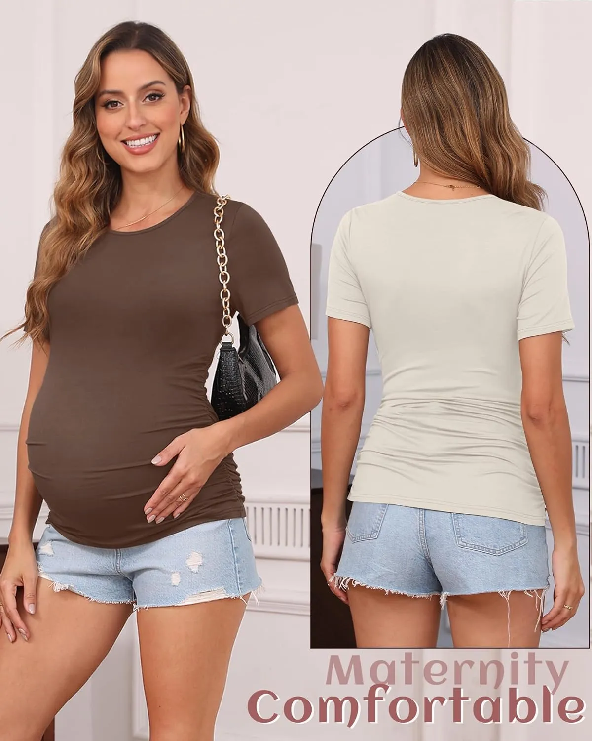 Huukeay 4 Pack Women's Maternity Shirts, Crew Neck Maternity Top Short Sleeve Casual Cotton Tee Side Ruched Pregnancy Clothes