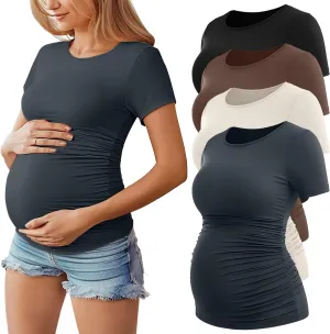 Huukeay 4 Pack Women's Maternity Shirts, Crew Neck Maternity Top Short Sleeve Casual Cotton Tee Side Ruched Pregnancy Clothes