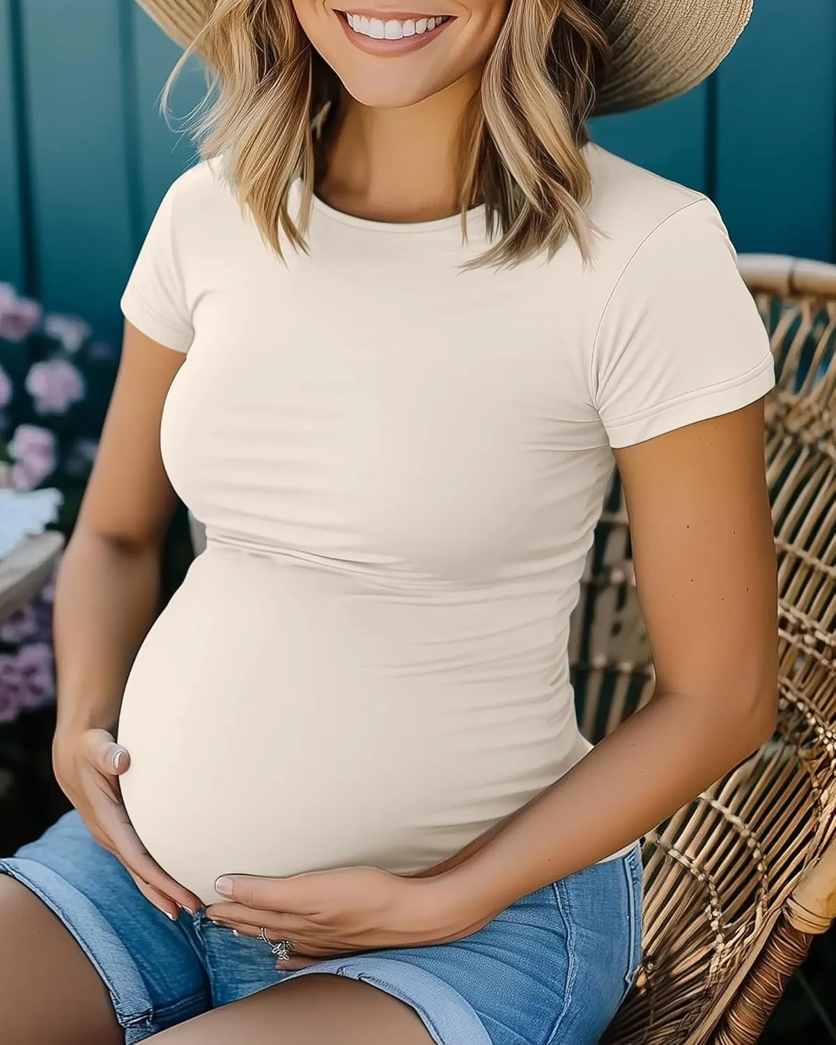 Huukeay 4 Pack Women's Maternity Shirts, Crew Neck Maternity Top Short Sleeve Casual Cotton Tee Side Ruched Pregnancy Clothes