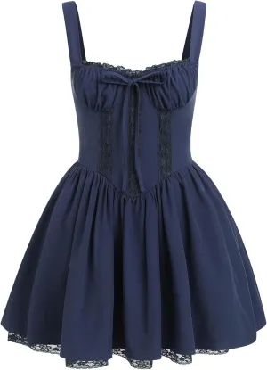 IBTOM CASTLE Corset Mini Dress for Women: Ladeis Sexy Boho Summer Floral Dress Sleeveless Spaghetti Straps Backless Dress Lace Up Sundress Cottagecore Ruffle Short Beach Bustier Dresses Navy Blue S