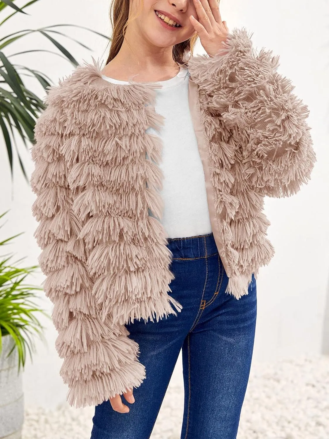 Inorin Girls Open Front Cardigan Faux Fur Coat Warm Fuzzy Trendy Winter Vintage Parka Shaggy Party Outerwear Jackets Tops