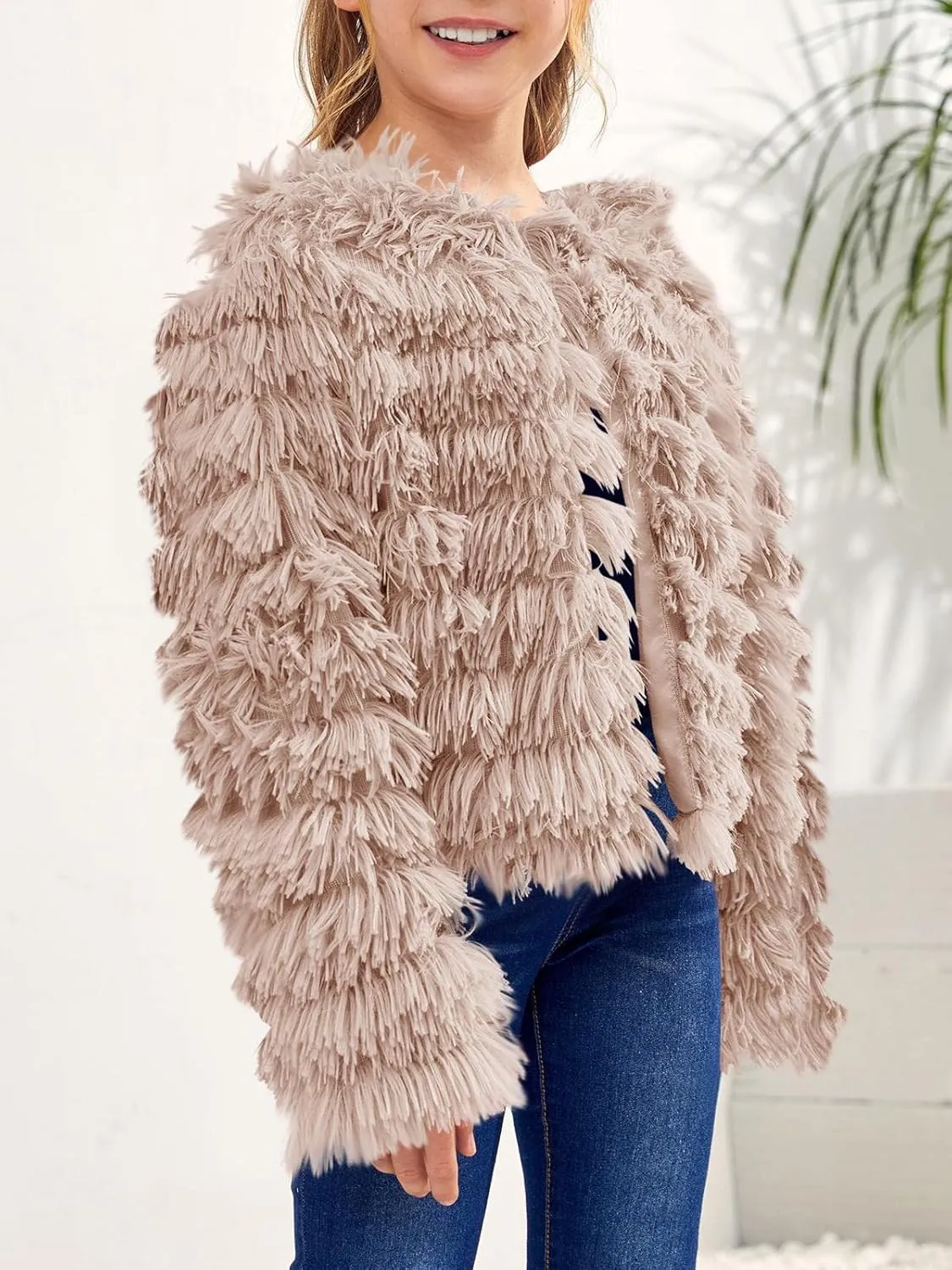 Inorin Girls Open Front Cardigan Faux Fur Coat Warm Fuzzy Trendy Winter Vintage Parka Shaggy Party Outerwear Jackets Tops