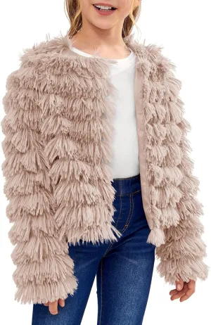Inorin Girls Open Front Cardigan Faux Fur Coat Warm Fuzzy Trendy Winter Vintage Parka Shaggy Party Outerwear Jackets Tops