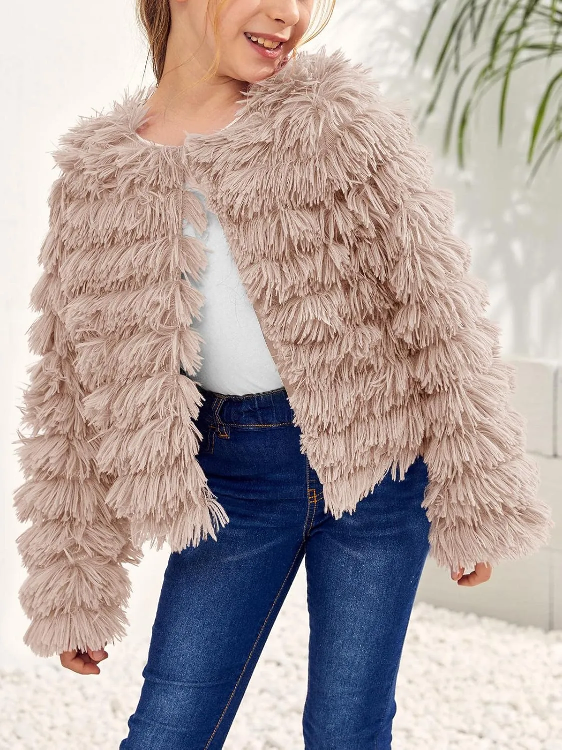 Inorin Girls Open Front Cardigan Faux Fur Coat Warm Fuzzy Trendy Winter Vintage Parka Shaggy Party Outerwear Jackets Tops