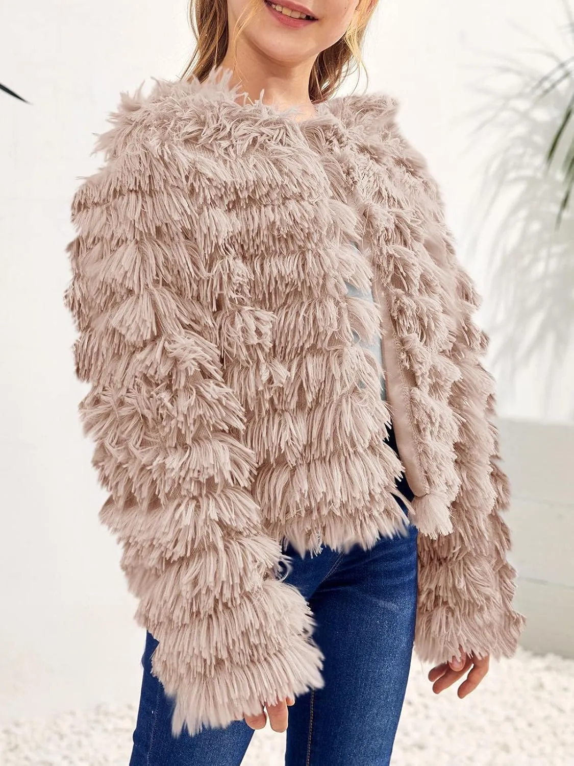 Inorin Girls Open Front Cardigan Faux Fur Coat Warm Fuzzy Trendy Winter Vintage Parka Shaggy Party Outerwear Jackets Tops