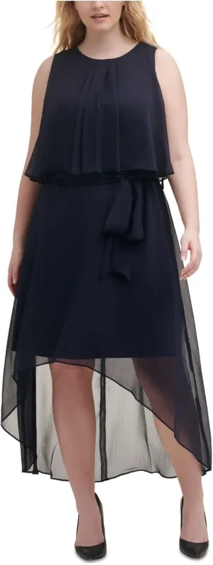 JESSICA HOWARD Womens Zippered Ruffled Sheer Lined Sleeveless Round Neck Midi Evening Hi-Lo Dress