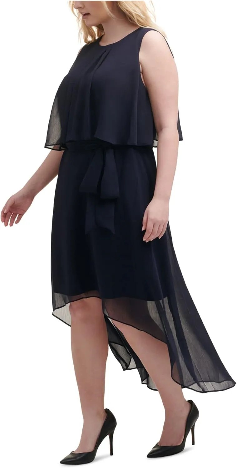 JESSICA HOWARD Womens Zippered Ruffled Sheer Lined Sleeveless Round Neck Midi Evening Hi-Lo Dress