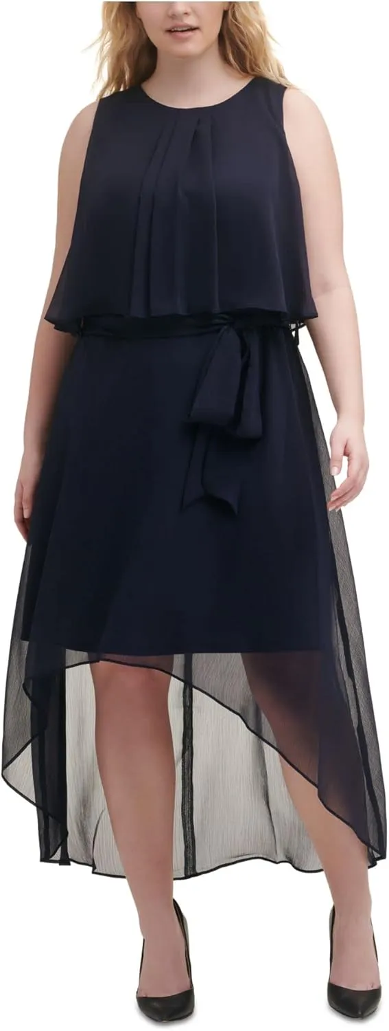 JESSICA HOWARD Womens Zippered Ruffled Sheer Lined Sleeveless Round Neck Midi Evening Hi-Lo Dress