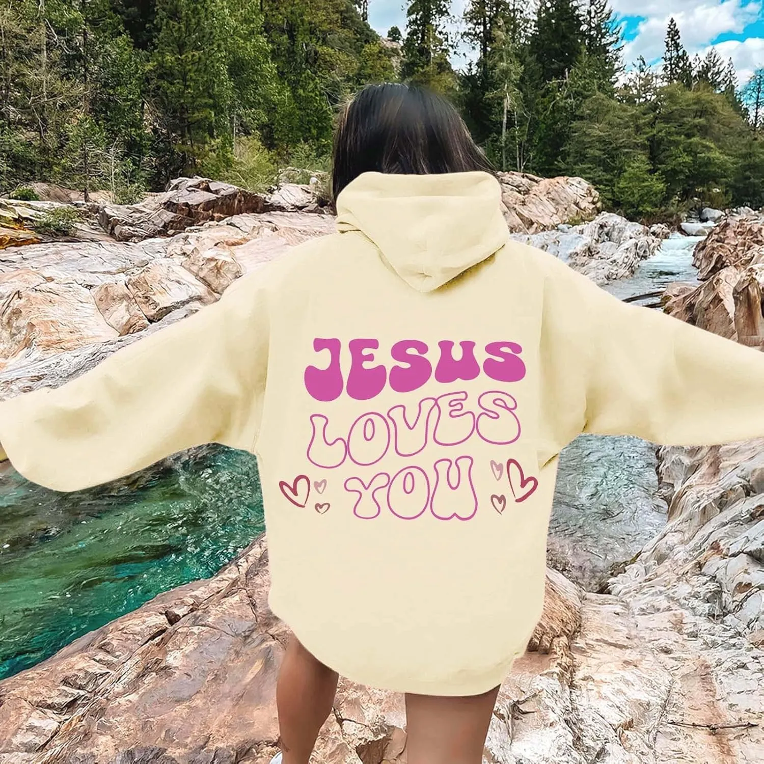 Jesus Loves You Christian Hoodies for Women Bible Verse Oversized Long Sleeve Y2K Drawstring Sweatshirts Comfy Pockets Tops