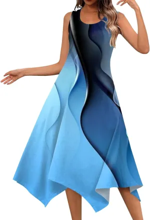 JJHAEVDY Summer Dresses for Women 2025 Round Neck Sleeveless Casual Dress Print Irregular Hem Midi Dresses Tank Daily Dresses
