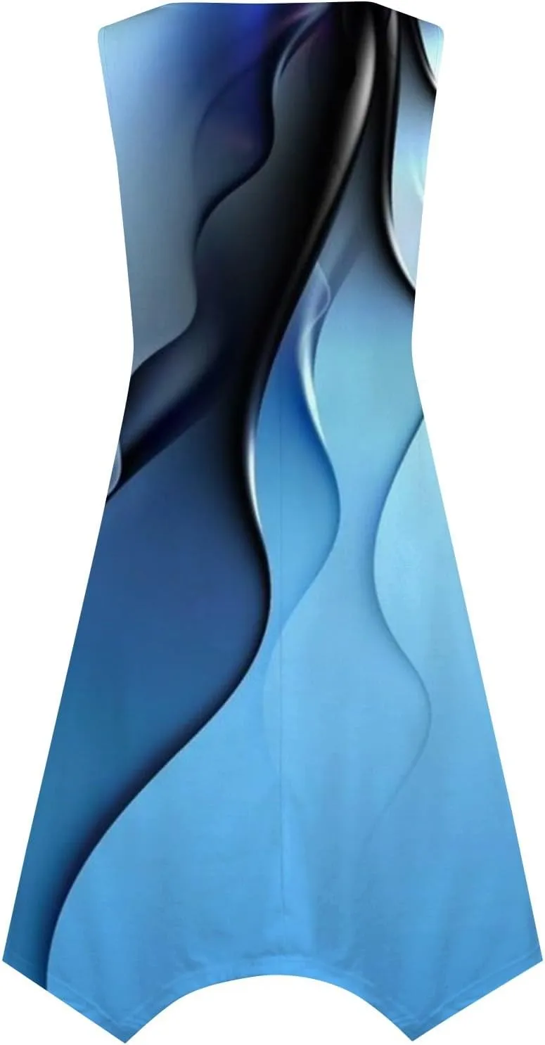JJHAEVDY Summer Dresses for Women 2025 Round Neck Sleeveless Casual Dress Print Irregular Hem Midi Dresses Tank Daily Dresses