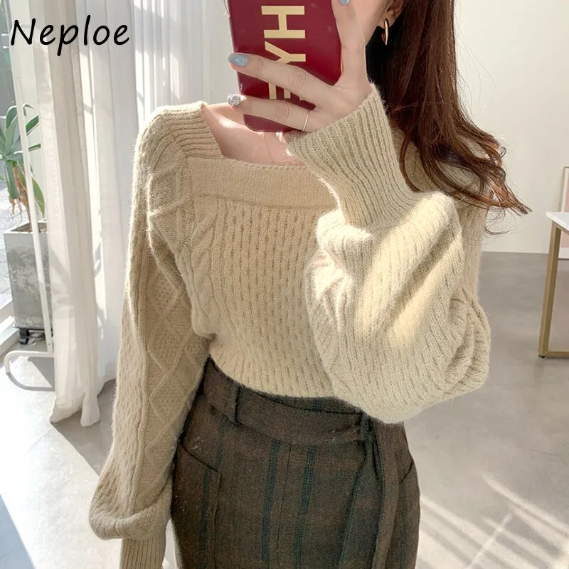 Joskaa Christmas Gift Elegant Square Collar Versatile Knitted Pullovers Women Puff Long Sleeve Gentle Sweater Tops Female 2024 New Knit Top