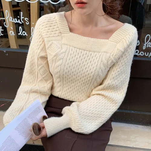Joskaa Christmas Gift Elegant Square Collar Versatile Knitted Pullovers Women Puff Long Sleeve Gentle Sweater Tops Female 2024 New Knit Top