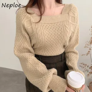 Joskaa Christmas Gift Elegant Square Collar Versatile Knitted Pullovers Women Puff Long Sleeve Gentle Sweater Tops Female 2024 New Knit Top