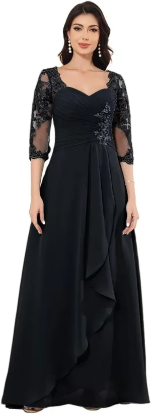 Lace Appliques Mother of Bride Dress with Pocket A Line Ruffle 3/4 Sleeveless Prom Gown for Women