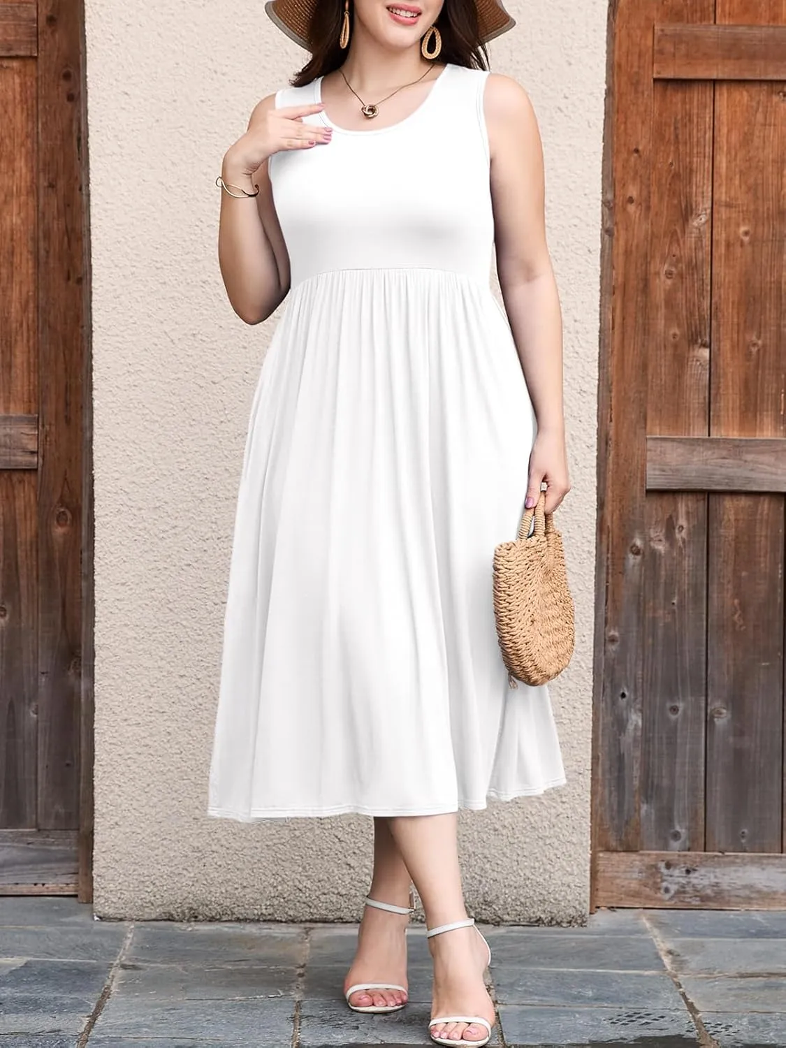 LARACE Women's Plus Size Sleeveless Maxi Dress Casual Crew Neck Pleated Flowy Long Dresses with Pockets L-5XL