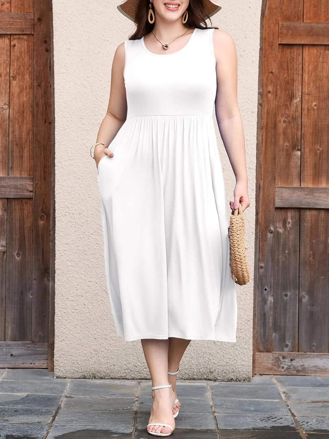 LARACE Women's Plus Size Sleeveless Maxi Dress Casual Crew Neck Pleated Flowy Long Dresses with Pockets L-5XL