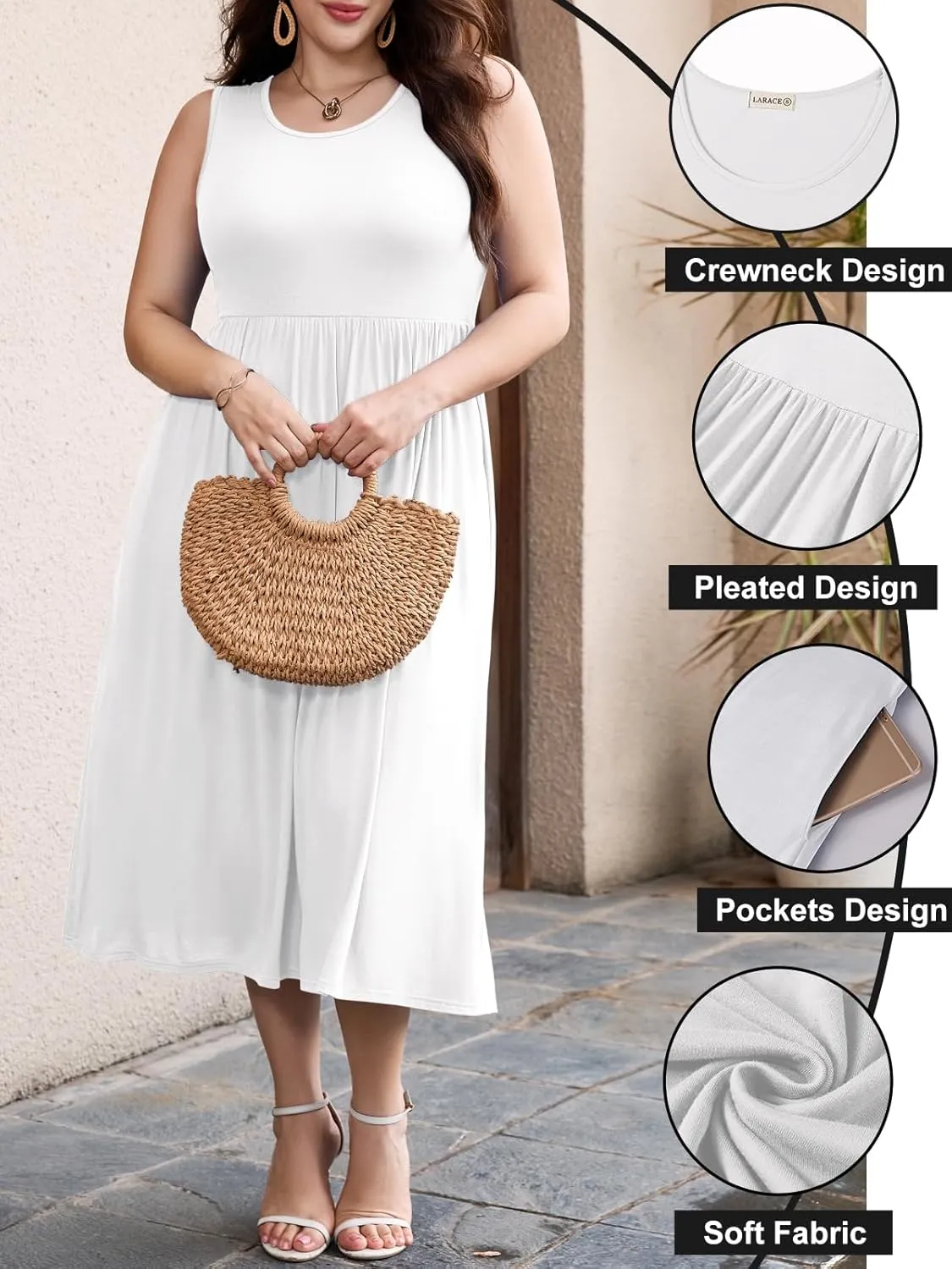 LARACE Women's Plus Size Sleeveless Maxi Dress Casual Crew Neck Pleated Flowy Long Dresses with Pockets L-5XL