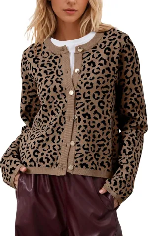 Leopard Cardigan Long Sleeve Open Front Button Up Cheetah Print Top Leopard Sweater Coat Cropped Cardigan Jackets