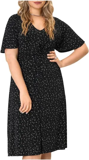 LEOTA Womens Black Stretch Twist Front Lightweight Jersey Polka Dot Flutter Sleeve V Neck Midi Fit   Flare Dress Plus 2X