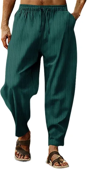 Linen Pants for Men Beach Casual Drawstring Summer Beach Pants Lightweight Breathable Flat Front Trouser with Pockets