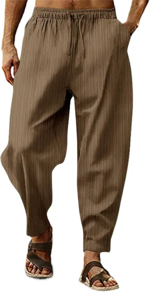 Linen Pants for Men Beach Casual Drawstring Summer Beach Pants Lightweight Breathable Flat Front Trouser with Pockets