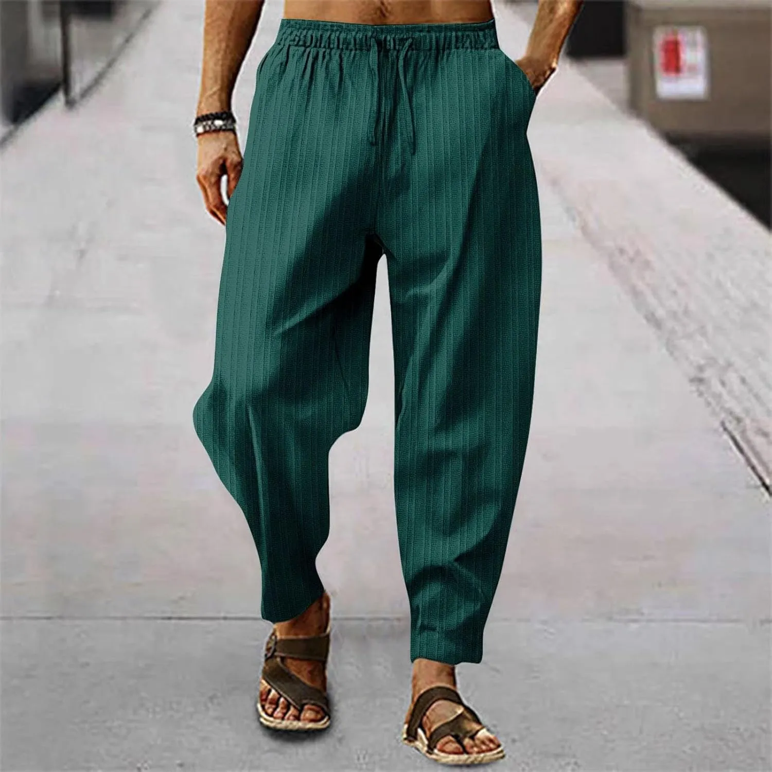 Linen Pants for Men Beach Casual Drawstring Summer Beach Pants Lightweight Breathable Flat Front Trouser with Pockets