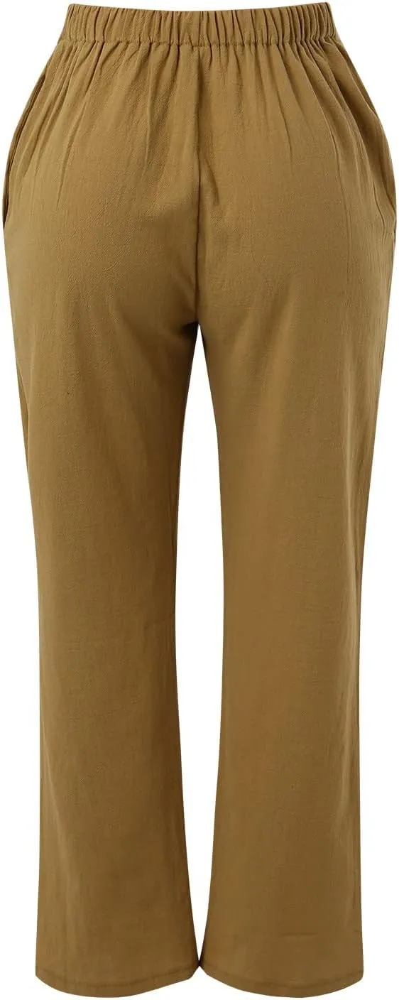 Linen Pants for Women Summer 2024 High Waist Drawstring Loose Fit Straight Leg Lounge Trouser with Side Pockets