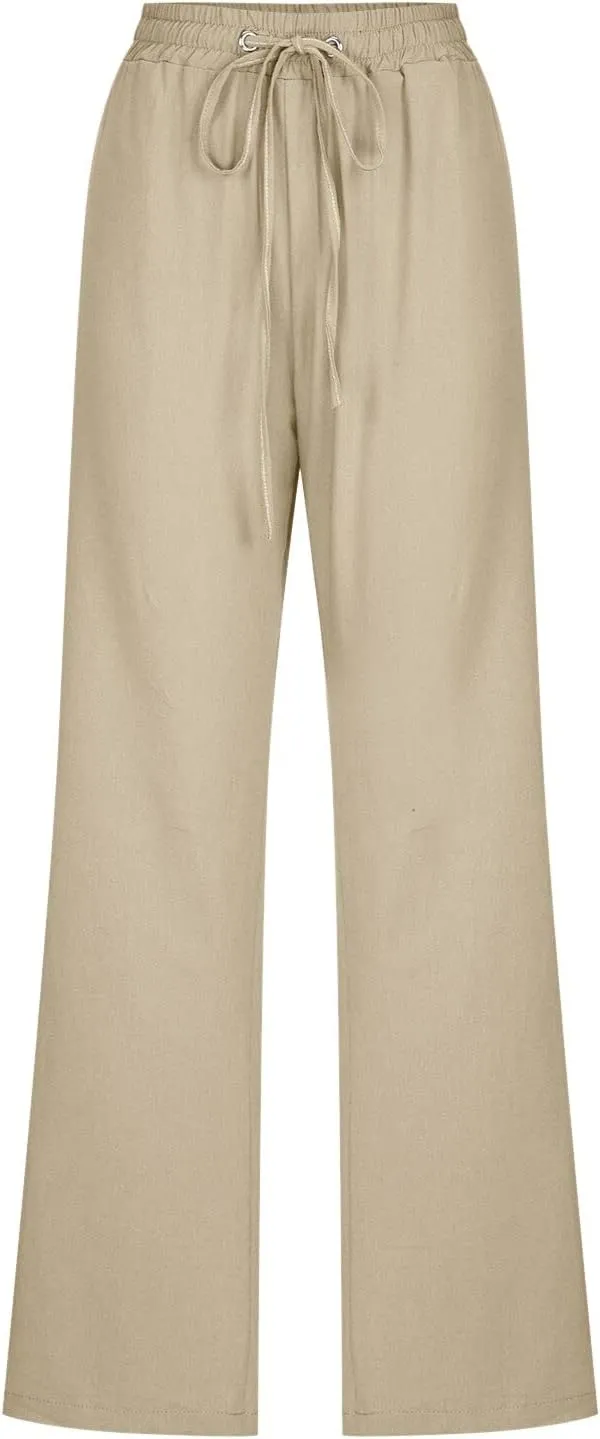 Linen Pants for Women Summer 2024 High Waist Drawstring Loose Fit Straight Leg Lounge Trouser with Side Pockets