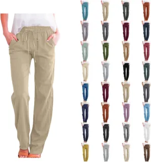 Linen Pants for Women Summer 2024 High Waist Drawstring Loose Fit Straight Leg Lounge Trouser with Side Pockets