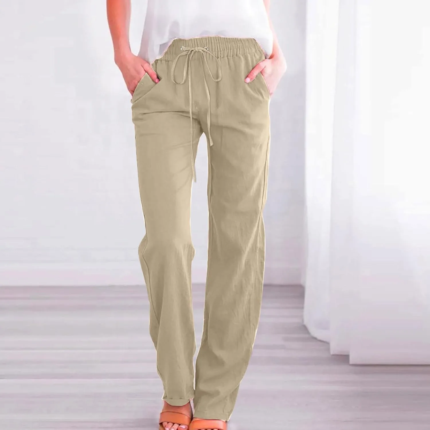 Linen Pants for Women Summer 2024 High Waist Drawstring Loose Fit Straight Leg Lounge Trouser with Side Pockets